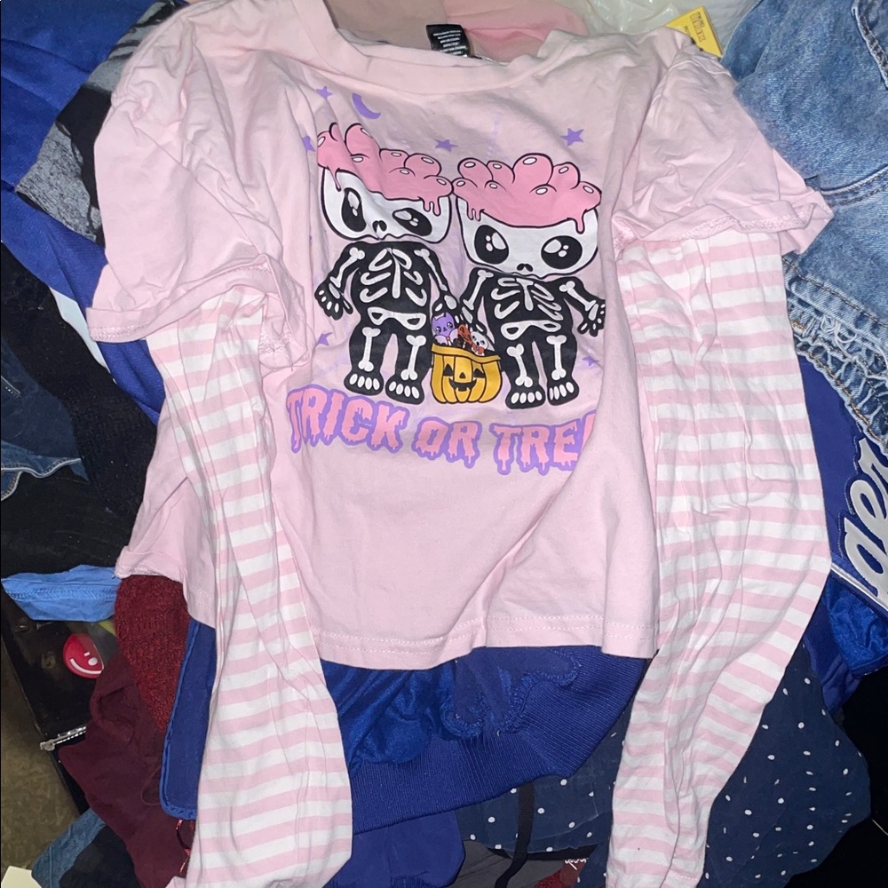 Hot Topic Pink Striped Layered-Look Long Sleeve Trick or Treat Tee